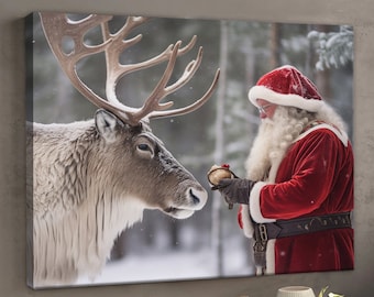 Santa's Reindeer Companionship Canvas Poster, Santa Canvas Wall Art, Santa And Reindeer Art Print, Santa Christmas Gifts, Wall Hanging Decor