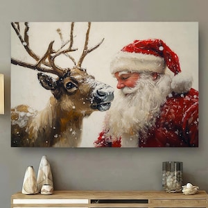 Rustic Santa&#39;s Reindeer Companionship Poster Canvas, Santa Wall Art, Santa And Reindeer Art Print, Santa Christmas Gifts, Santa Wall Art
