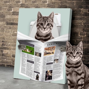 Custom Pet Portrait, Dog Read Newspaper in Toilet, Funny Pet Portrait, Pet Customization, Kids Bathroom Wall Art, Personalized Cat Dog Gift