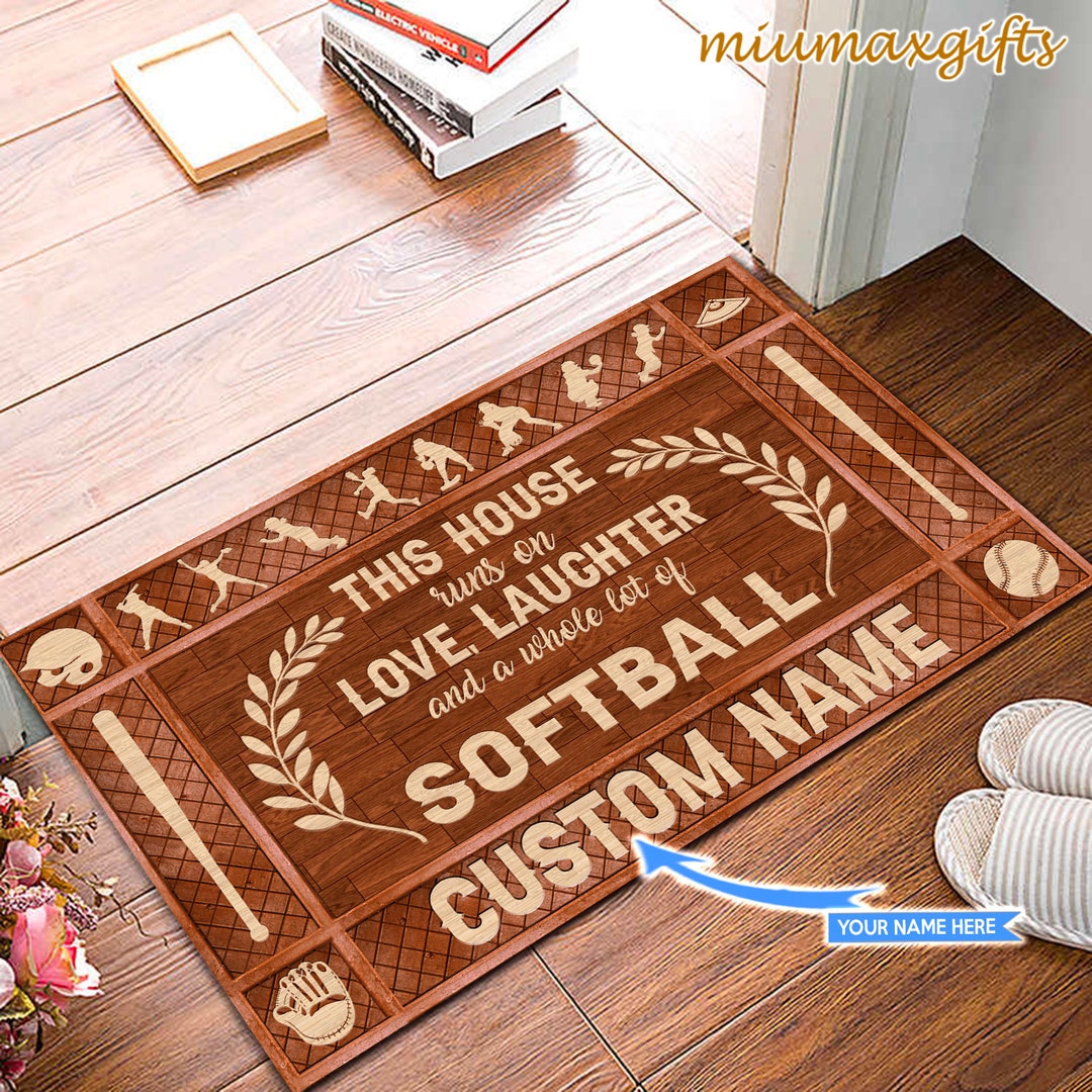 Softball Rug Softball Doormat, This House Runs on Softball Mat, Softball Rug ...