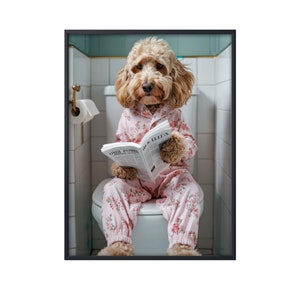 Cockapoo Sitting on Toilet Reading Newspaper, Funny Dog on Loo, Cockapoo Bathroom Wall Art, Funny Dog on Toilet Wall Art Canvas Poster Gifts