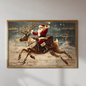 Rustic Santa&#39;s Reindeer Companionship Poster Canvas, Santa Wall Art, Santa And Reindeer Art Print, Santa Christmas Gifts, Santa Wall Art