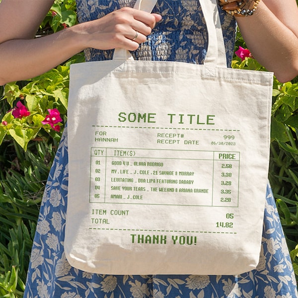 Custom Song Receipt Tote Bag, Customizable Song Playlist Tote Bag, Personalized Song Canvas Tote Bag, Green Tote Bag, Likejanuary Green Bag