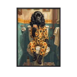 Cocker Spaniel negro sentado en el inodoro en el teléfono móvil, imagen divertida de perro, arte de pared para baño, póster de lienzo con arte de pared de perro en el inodoro