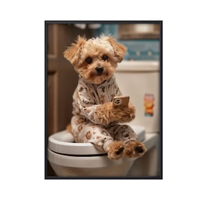 Maltipoo Sitting on Toilet on Mobile Phone, Funny Dog Picture Animal Bath Bathroom Wall Art, Maltipoo Dog on Toilet Wall Art Canvas Poster