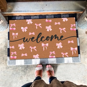 Welcome Pink Bow Doormat, Watercolor Pinky Bow Welcome Doormat, Watercolor Bow Lover Gift, Front Door Mat,Pink Bow Ribbon Minimalist Doormat