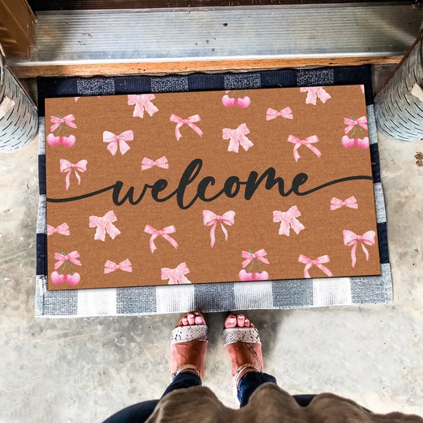 Welcome Pink Bow Doormat, Watercolor Pinky Bow Welcome Doormat, Watercolor Bow Lover Gift, Front Door Mat,Pink Bow Ribbon Minimalist Doormat