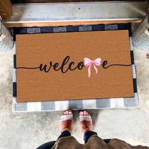 Welcome Pink Bow Doormat, Watercolor Pinky Bow Welcome Doormat, Watercolor Bow Lover Gift, Front Door Mat,Pink Bow Ribbon Minimalist Doormat