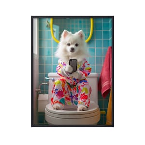 American Eskimo Sitting on Toilet on Mobile Phone, American Eskimo Poster, Funny Dog Poster, Bathroom Art, Dog on Toilet Bathroom Decor