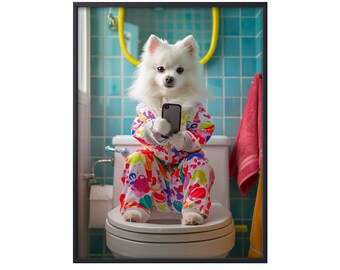 American Eskimo Sitting on Toilet on Mobile Phone, American Eskimo Poster, Funny Dog Poster, Bathroom Art, Dog on Toilet Bathroom Decor