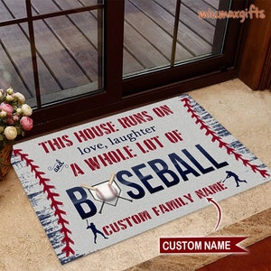 Baseball Mat, Baseball Rug, Baseball Doormat, This House Runs On Baseball Personalized Doormat, Gift For Baseball Players, Home Decor