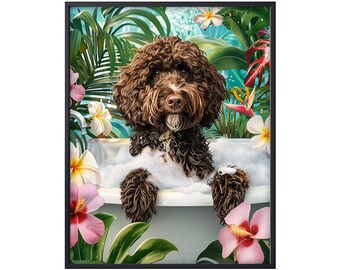 Cockapoo Dog in Bathtub, Dog in Tropical Botanical Bathroom Decor, Dog in Bath,  Bathroom Wall Art, Cockapoo Poster Gifts, Dog Lover Gifts