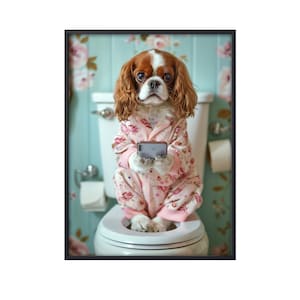 Cavalier King Charles Spaniel Sitting on Toilet on Mobile Phone, Dog Picture Bathroom Wall Art, Animal on Toilet Wall Art Canvas Poster Dog