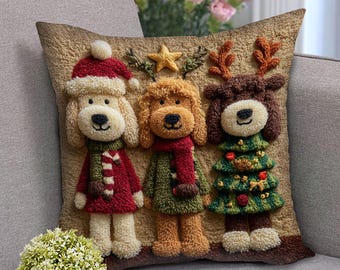 May include: A decorative Christmas pillow featuring three dog characters. One dog wears a Santa hat and red coat, another a green coat and scarf, and the third a Christmas tree costume. The pillow has a textured, brown background.