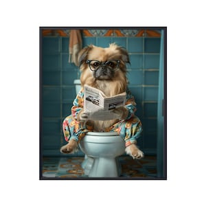 Pekingese Sitting on Toilet Reading Newspaper,Funny Dog on Loo,Pekingese Dog in Bathroom Wall Art,Dog on Toilet Wall Art Canvas Poster Gifts