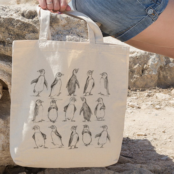 Penguin Cotton Tote Bag, Penguin Bag, Penguin Tote, Hand Drawn Penguin Design By Miumaxgift, Natural Cotton Tote Bag, Eco-Friendly Tote Bag