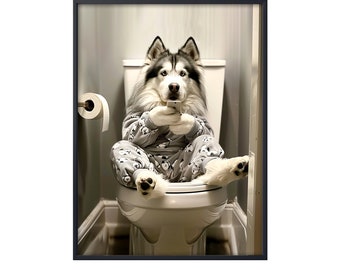 Alaskan Malamute sitzt auf der Toilette und telefoniert – Lustiges Hundebild, Tierbad, Wandbild, Leinwandposter mit Hund auf der Toilette