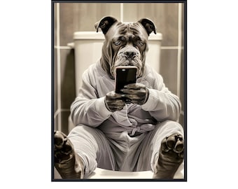 Cane Corso sentado en el inodoro usando un teléfono móvil, perro gracioso en el baño, arte de pared de perro en el baño, lienzo de arte de pared de perro en el inodoro, póster de Cane Corso, regalos