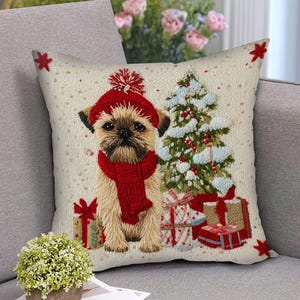 Christmas Brussels Griffon Throw Pillow Cover, Brussels Dog With Gifts Pillow, Cute Holiday Decorative Pillow for Xmas Home Decor