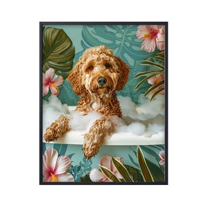 Golden Doodle Dog in Bathtub, Dog in Tropical Botanical Bathroom Decor, Dog in Bath,  Bathroom Wall Art Poster, Goldendoodle Dog Lover Gifts