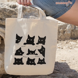 黒猫トートバッグ、覗き猫トートバッグ、シルエット猫バッグ、猫好きトートバッグ、猫ママバッグ、猫ママギフト、猫好きギフト、ショッピングバッグ