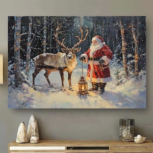 Santa&#39;s Reindeer Companionship Canvas, Santa Wall Art, Santa And Reindeer Art Print, Santa Christmas Gifts, Santa Wall Art, Holiday Decor