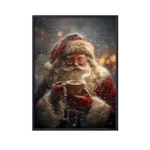 Santa Drinking Coffee in Snow, Vintage Christmas Wall Art, Santa Wall Art, Santa Art Print, Santa Wall Hanging Decor, Rustic Christmas Gifts