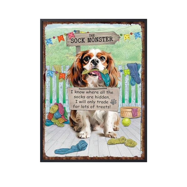 Die Sock Monster Cavalier King Charles Spaniel Wandkunst, lustige Cavalier Poster Art, Sockendieb Hund Bild Tier Leinwand, Geschenke für Hundeliebhaber