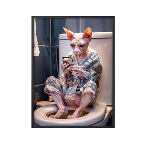 Sphynx Cat Sitting on Toilet on Mobile Phone, Funny Cat on Loo, Sphynx Cat in Bathroom Wall Art, Cat on Toilet Wall Art Canvas Poster Gifts