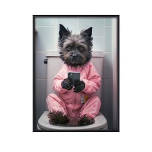 Black Cairn Terrier Sitting on Toilet on Mobile Phone, Cairn Terrier Dog Picture Bathroom Wall Art, Animal on Toilet Wall Art Canvas Poster