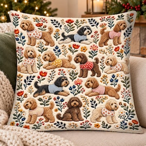 Cockapoo Dog Throw Pillow, Faux Embroidery Cushion, Housewarming Gift, Dog Flower Pillow Gift, Couch Home Decor, Xmas Family Gift
