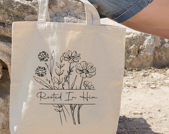 Sac fourre-tout chrétien fleurs sauvages, enraciné dans lui sac verset biblique, sac chrétien, sac fourre-tout Dieu, sac fourre-tout Jésus, sac fourre-tout foi, cadeau chrétien