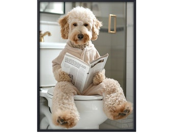 Goldendoodle Sitting on Toilet Reading Newspaper, Funny Dog Picture Animal Bath Bathroom Wall Art, Dog on Toilet Wall Art Canvas Poster Dog