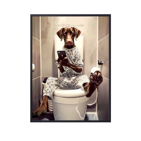 German Shorthaired Pointer Sitting on Toilet on Mobile Phone, Funny Dog Bath Bathroom Wall Art, Dog on Toilet Wall Art Canvas Poster Pointer