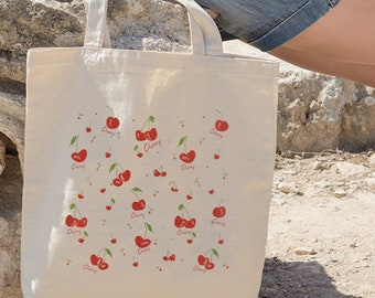 Cherry Tote Bag, Graphic Canvas Tote Bag, Fruit Tote, Cute Cherry Tote, Cherry Lovers Gift, Birthday Tote Bag Gift, Tote Bag For Girls