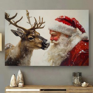Pôster rústico em tela com a companhia das renas do Papai Noel, arte de parede do Papai Noel, impressão artística de Papai Noel e renas, presentes de Natal do Papai Noel, arte de parede do Papai Noel