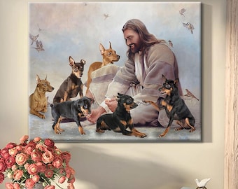 God Surrounded by Miniature Pinscher Wall Art, Angels Jesus Poster