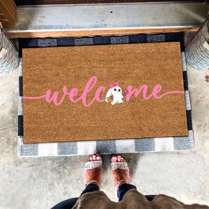Welcome Pink Boo Doormat, Coquette Boo Welcome Doormat, Coquette Spooky Season Doormat, Coquette Halloween Decor