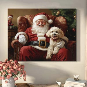 Santa And Maltipoo Dog Hugging Poster Canvas, Santa Poster Gifts, Santa With Dog Art Print, Santa Christmas Gifts, Maltipoo Dog Lover Gifts