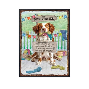 Arte de parede do Monstro das Meias com Spaniel Brittany, pôster engraçado de Spaniel Brittany, tela com imagem de cachorro ladrão de meias, presentes para amantes de cães Brittany