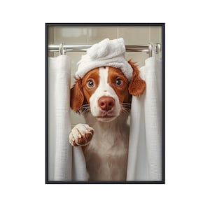 Cachorro Brittany Spaniel na banheira, decoração de banheiro para cachorro Brittany Spaniel, cachorro na banheira, pôster de cachorro, arte de parede para banheiro, presentes para amantes de cães