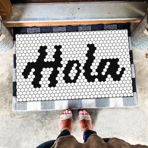 Cute Hola Tiled Look Message Door Mat, Hey Tile Pattern Welcome Mat, Hi Aesthetic Doormat, Mosaic Look Welcome Mat, Printed in the U.S.A