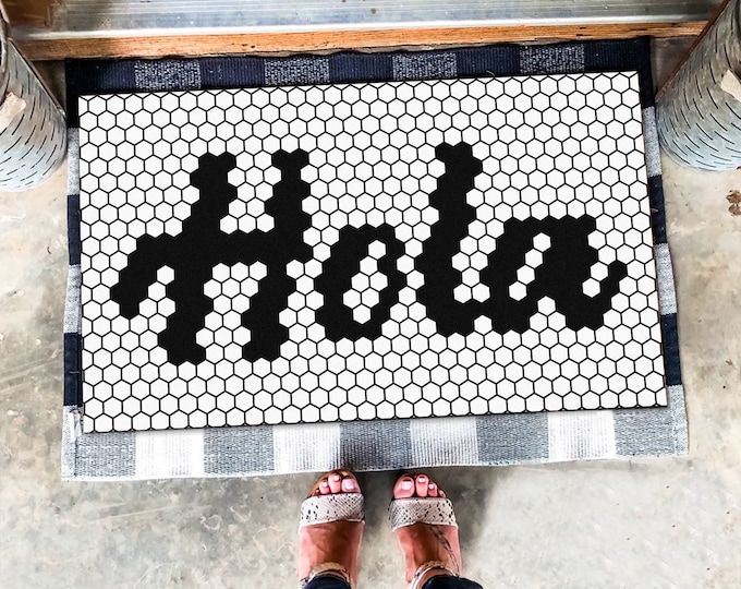 Message Tiles Cute Hola Tiled Look Message Door Mat, Hey Tile Pattern Welcome Mat, Hi ...