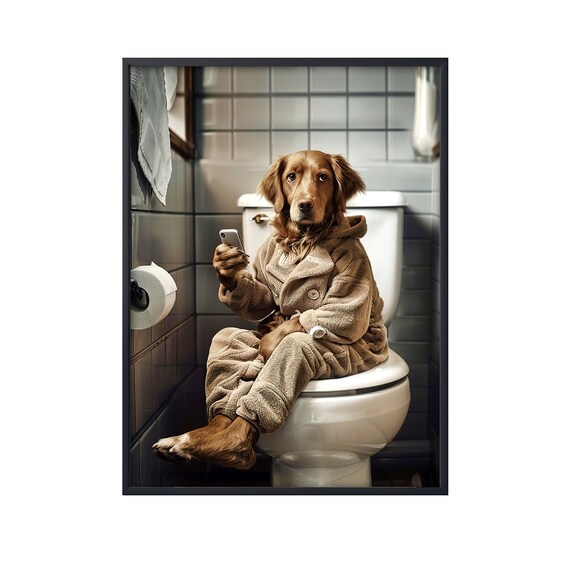 Tableau Mural Toile - Chien Pointer Allemand à Poil Court Drôle Au Téléphone Sur Les Toilettes - Art Déco Prêt à Accrocher