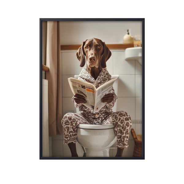 German Shorthaired Pointer Sitting on Toilet Reading Newspaper,Funny Dog Bath Bathroom Wall Art,Dog on Toilet Wall Art Canvas Poster Pointer