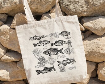 Fish Cotton Tote Bag, Fish Tote Bag, Fish Bag, Design by
