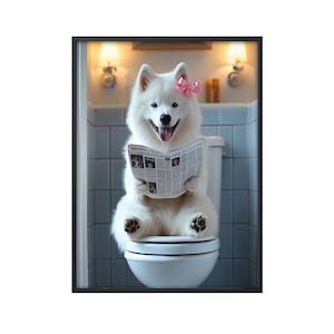 Samoyed Sitting on Toilet Reading Newspaper, Funny Dog Picture Animal Bath Bathroom Wall Art, Samoyed Dog on Toilet Dog Canvas Poster Art