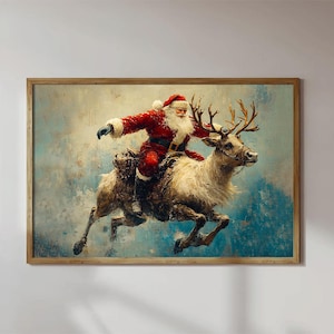 Santa&#39;s Reindeer Companionship Canvas, Santa Wall Art, Santa And Reindeer Art Print, Santa Christmas Gifts, Santa Wall Art, Holiday Decor