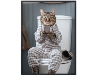 Gestreepte kat op het toilet die aan het bellen is, grappige gestreepte kat op het toilet, gestreepte kat als wanddecoratie in de badkamer, kat op het toilet als wanddecoratie op canvas, cadeau