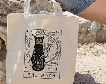 The Moon And Black Cat Tote Bag, Cat Tote Bag,Moon Tote Bag, Basic Tote Bag, Shopping Bag, Canvas Tote Bag, Perfect Gift For Friends, Family